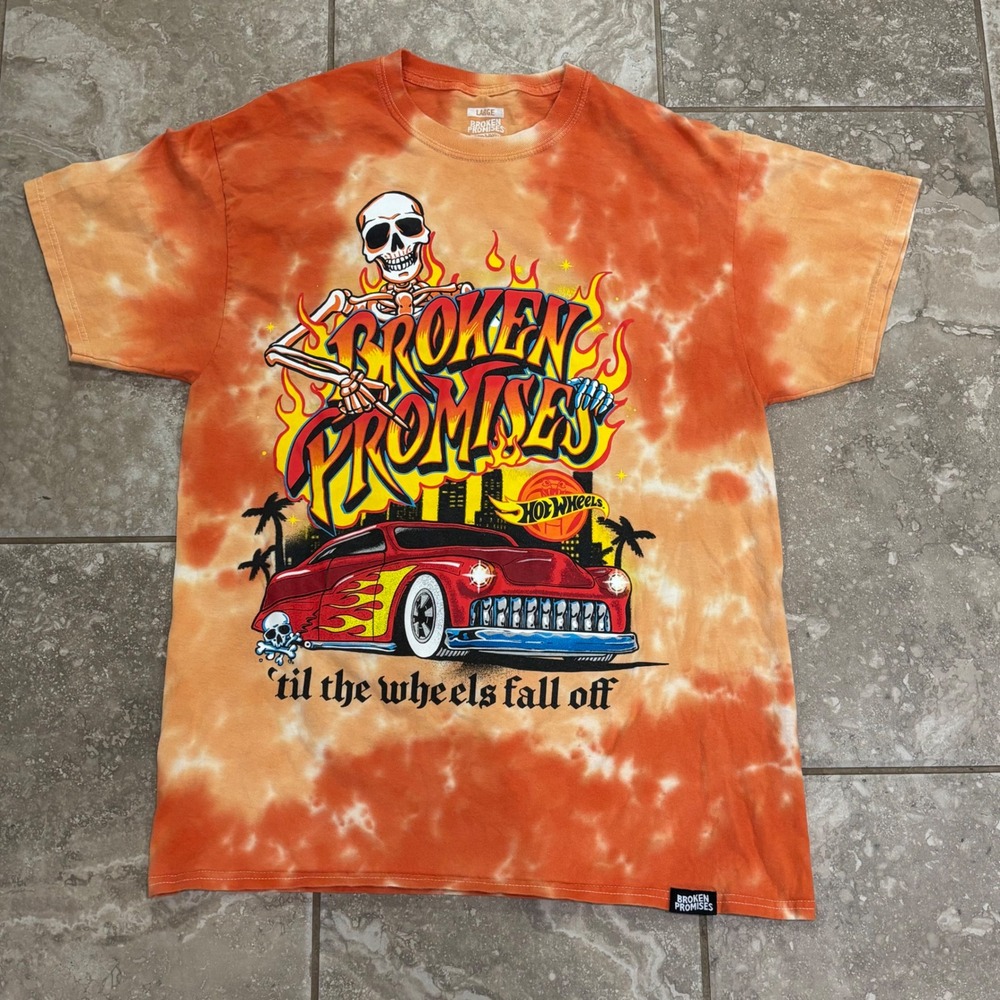 Broken Promises Hot Wheels Skeleton Tie‎ Dye Graphic T-Shirt Orange Kids Large